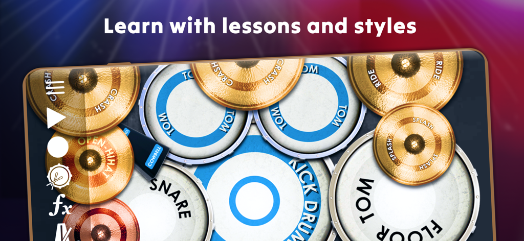 Drum Solo Studio - Interfaz de kit de batería virtual en la aplicación Drum Solo Studio con lecciones y varios componentes de batería