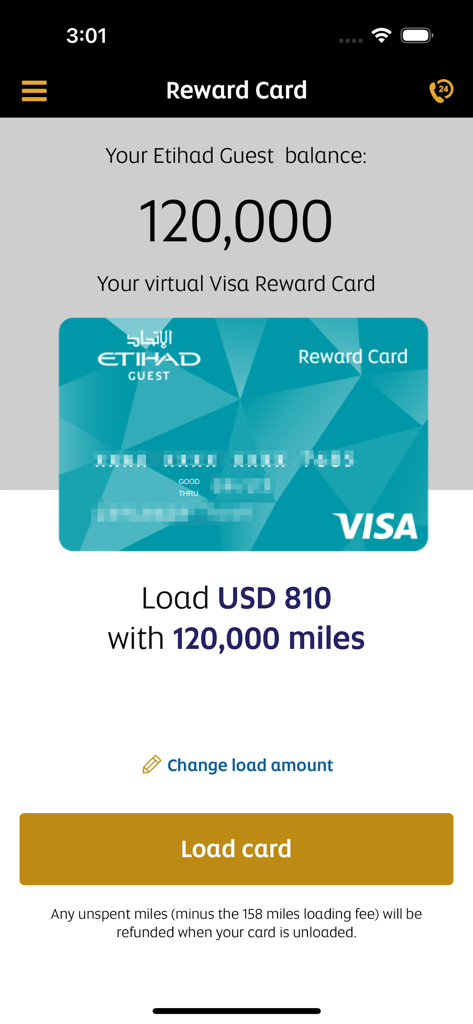 Reward Card - Screenshot of the Etihad Guest Reward Card app showing the conversion of airline miles into a virtual Visa card balance