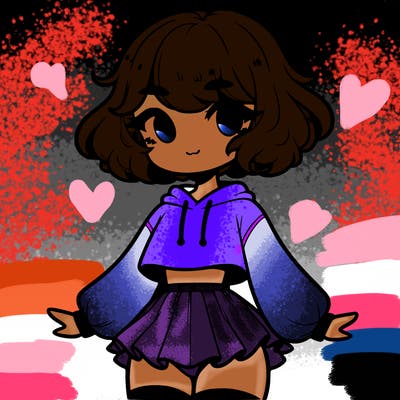 cute femboy with short, fluffy hair that softly frames their face, wearing a cropped hoodie, paired with a flouncy short skirt, and thigh-high stockings