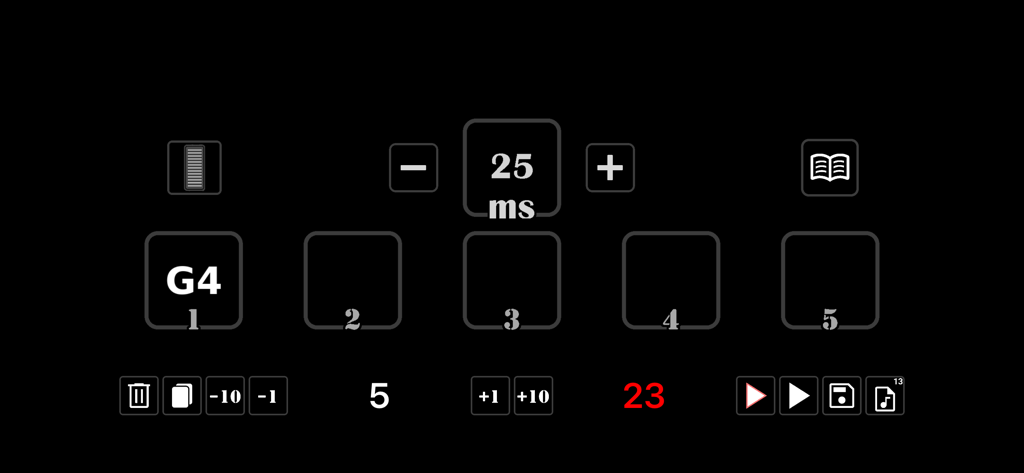 Piano Composer - Music Maker - Interface do modo de edição do aplicativo Compositor de Piano mostrando a nota musical G4 e controle de tempo de 25ms.