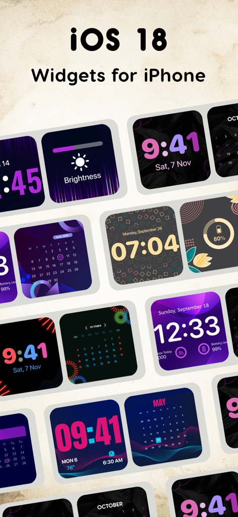 A collection of colorful and aesthetic iOS 18 widgets for iPhone customization including clocks and calendars