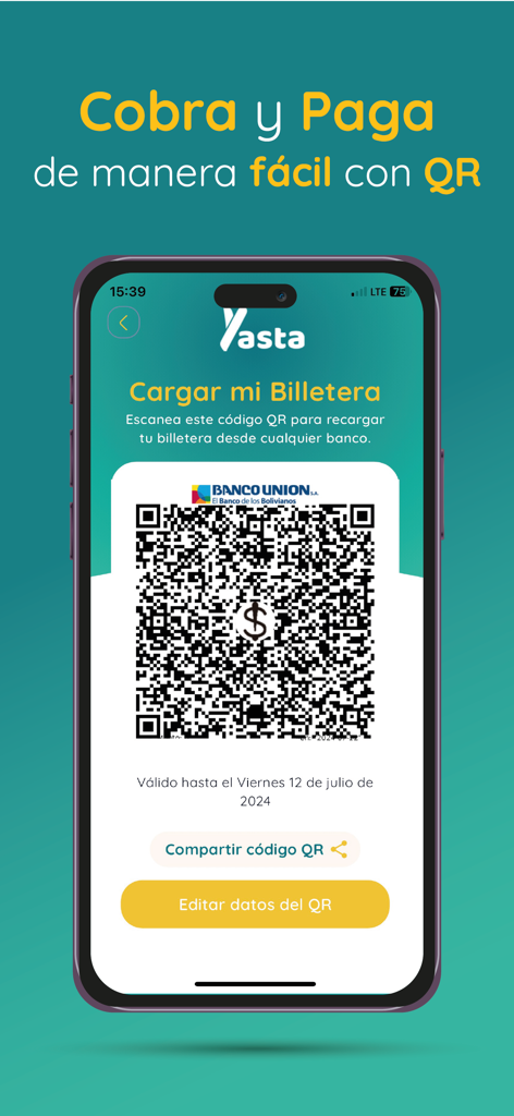 Billetera Yasta - Billetera Yasta mobile app screen displaying a QR code for easy payments and wallet charging