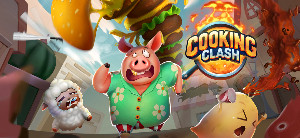 Cooking Clash - Personajes de dibujos animados peculiares y una hamburguesa gigante del juego Cooking Clash