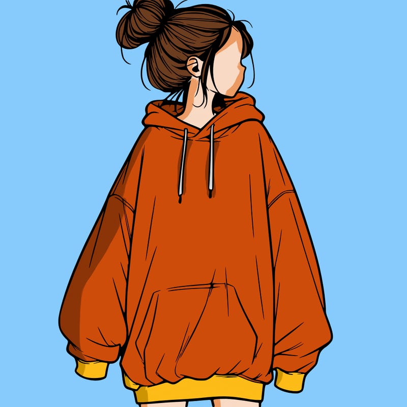 realistic girl with a oversized sweatshirt on and a bun