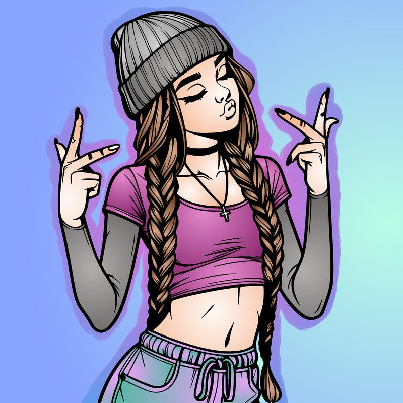 realistic teenage girl with braids and a beanie and crop top doing 🫶🏼