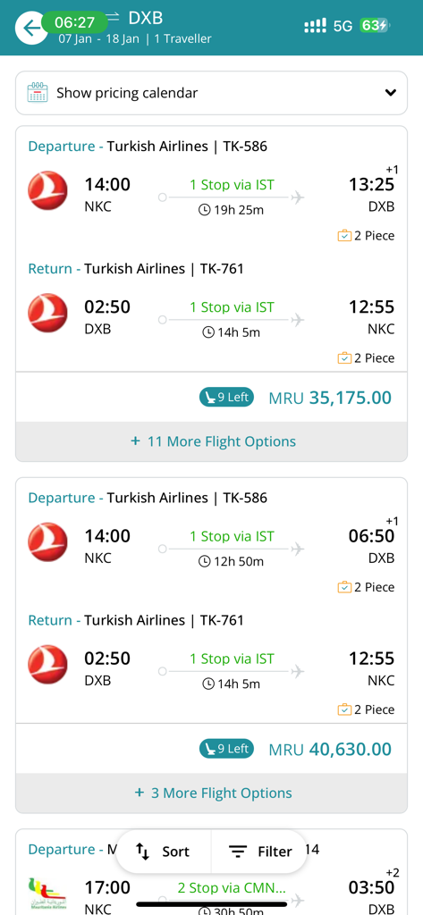 Interfaz de la aplicación HA voyages que muestra los resultados de búsqueda de vuelos de Turkish Airlines y sus precios.