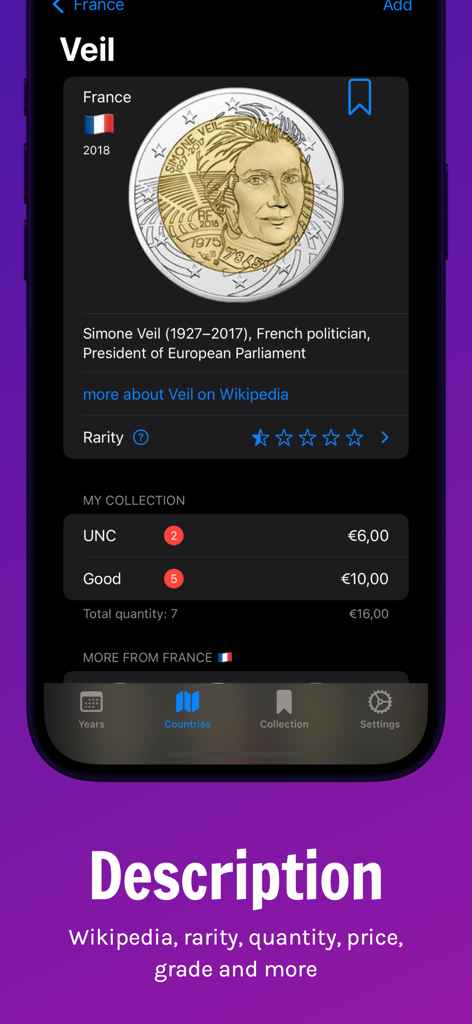 2 Euro - Detail page of a French 2 Euro coin in the catalog showing rarity and collection stats