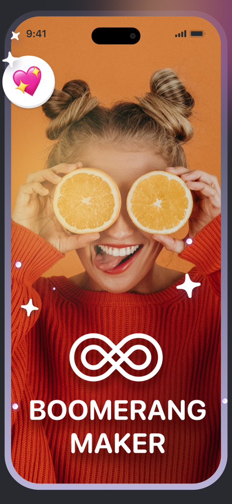 Boomerang - Video Loop Maker - Uma jovem com coques espaciais segurando fatias de laranja sobre os olhos em uma tela de splash do Boomerang Maker.