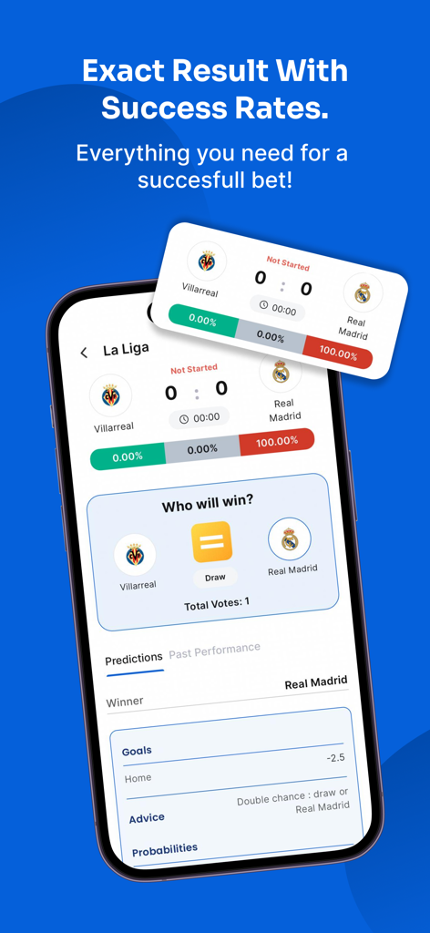 Predibets: Betting Predictions - Predibets app interface showing football betting predictions and success rates for a La Liga match between Villarreal and Real Madrid.