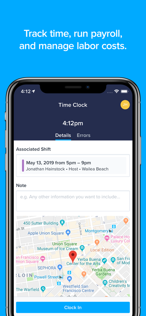 ZoomShift Employee Scheduling - Interfaz de la aplicación móvil de ZoomShift que muestra la pantalla del reloj checador GPS con un mapa y un botón para fichar.