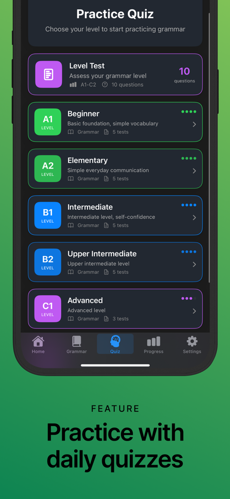 Interfaz de la aplicación MonGram English que muestra niveles de práctica de gramática de Principiante A1 a Avanzado C1 con la función de cuestionarios diarios.