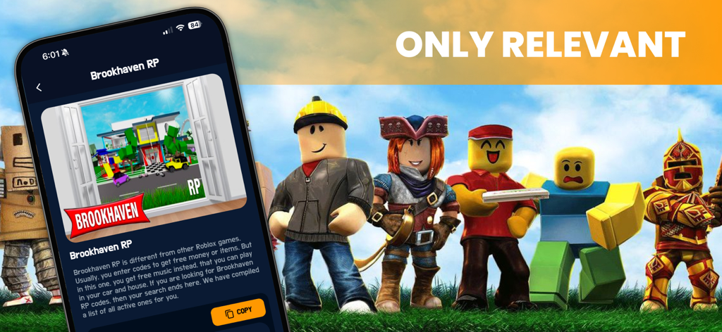 Game Codes for Roblox app interface showing Brookhaven RP codes and characters