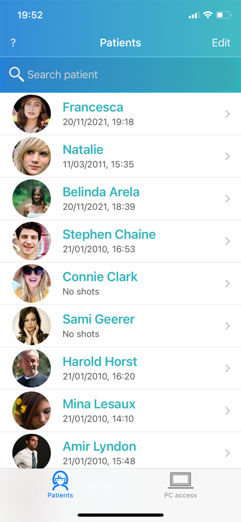 DrGoniometer - A list of patient profiles within the DrGoniometer medical app showing names, photos, and last assessment dates.