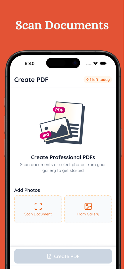 Image to PDF - PDF creator + - Interfaz principal de la aplicación Imagen a PDF que muestra opciones para escanear documentos o seleccionar fotos de la galería