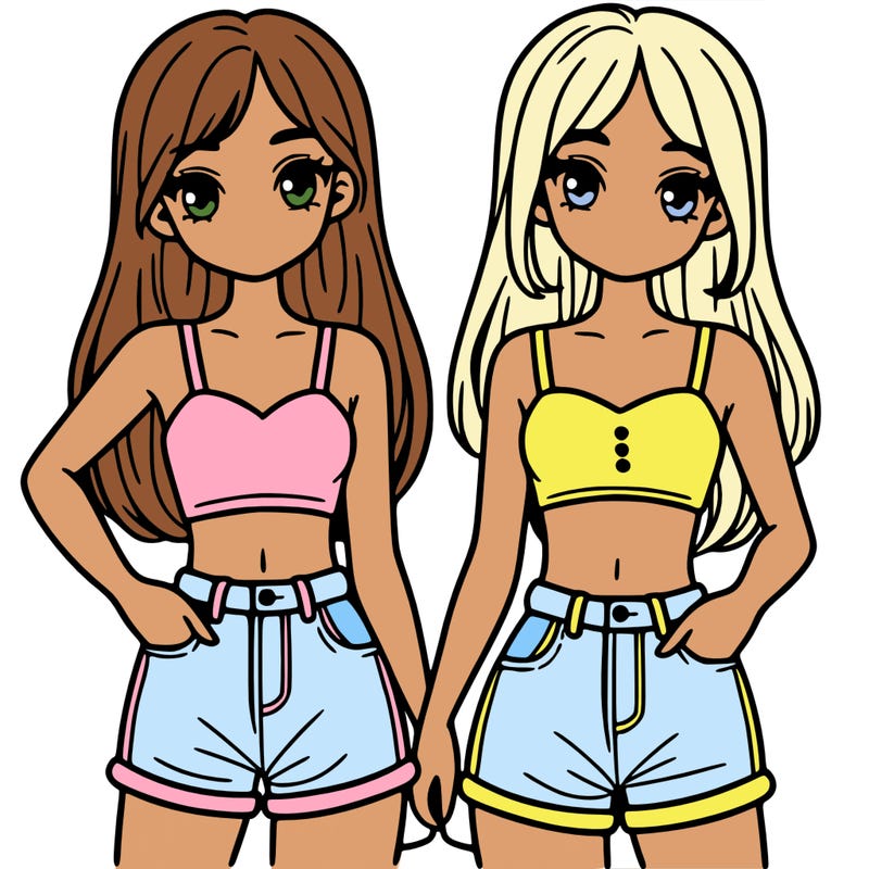two sisters with crop tops and jean shorts and straight hair