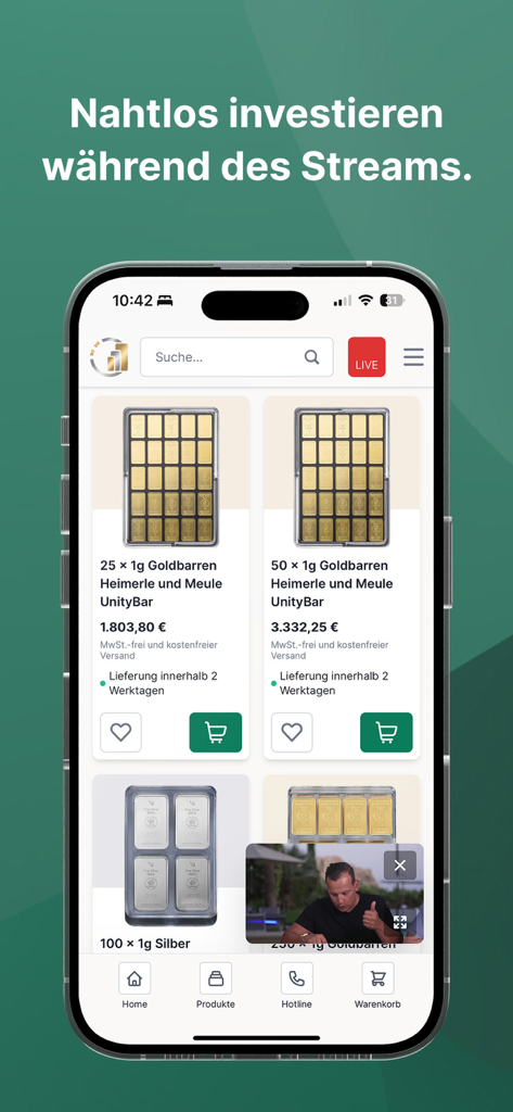 Kettner Edelmetalle App - Kettner Edelmetalle App-Bildschirm mit Goldbarrenprodukten und einem Bild-im-Bild-Videostream.