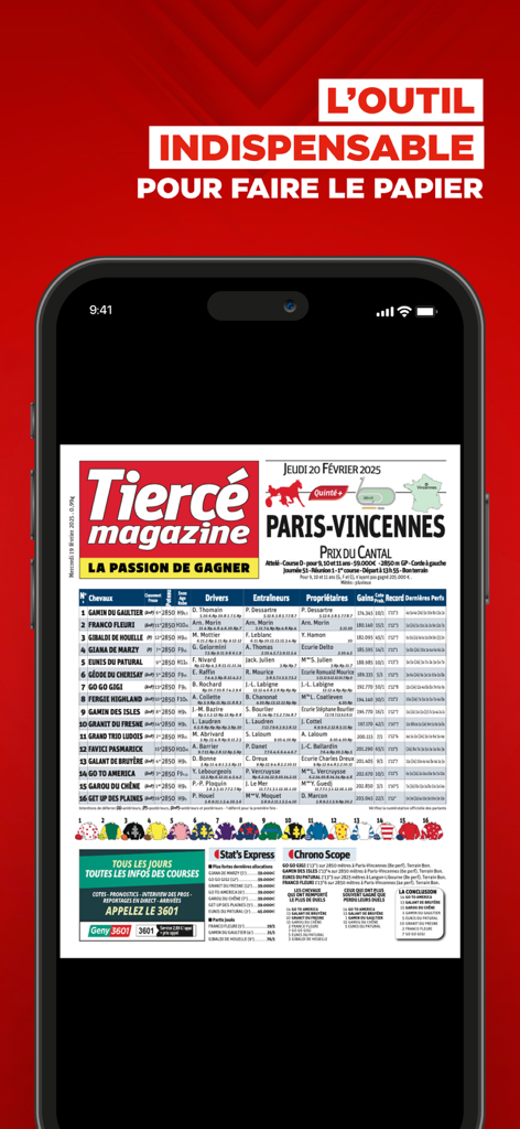 Digital view of Tiercé Magazine on a smartphone showing horse racing statistical tables and analysis.