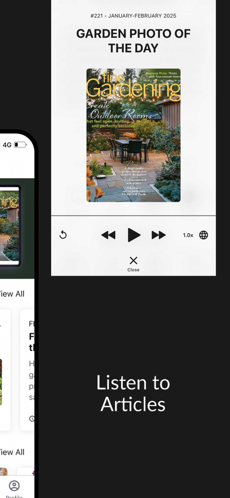 Fine Gardening Magazine - Listen to articles feature screen in the Fine Gardening Magazine app with audio playback controls.