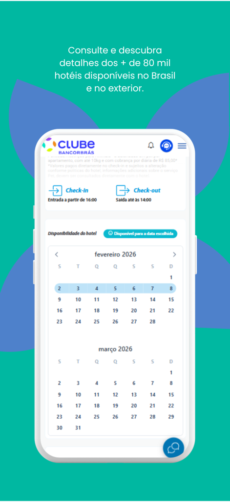 Meu Clube Bancorbras mobile app showing a hotel reservation calendar and check-in details