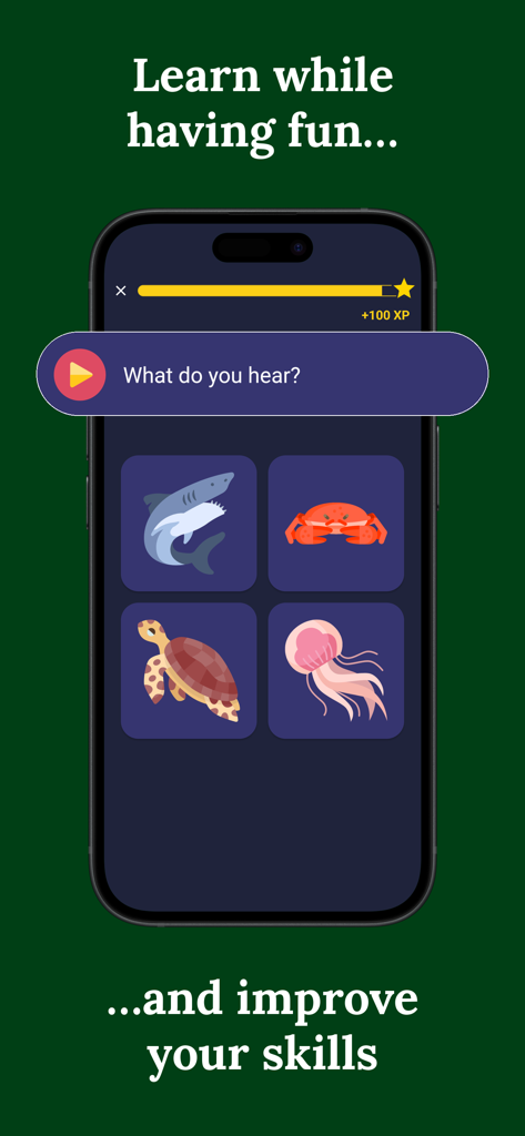 Um exercício de audição gamificado no aplicativo Learn Urdu apresentando ilustrações de animais e acompanhamento de progresso.