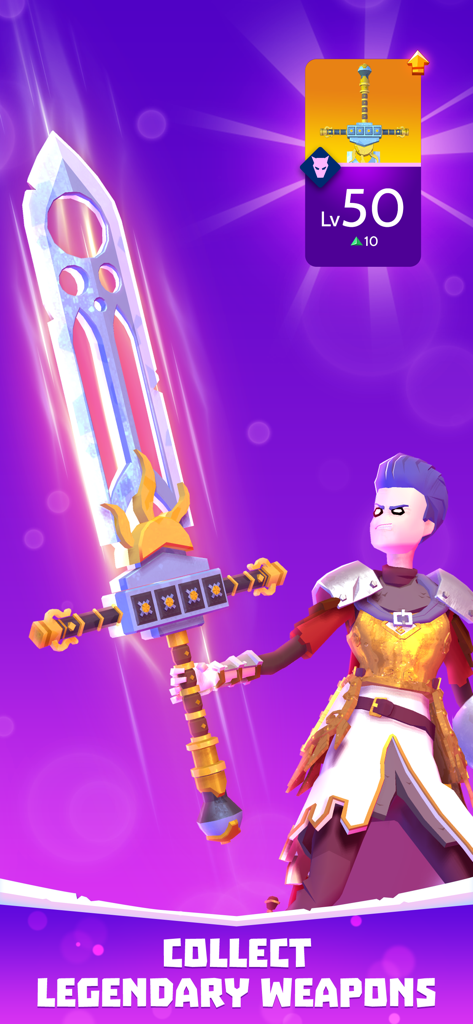 A knight holding a giant glowing level fifty sword with text saying collect legendary weapons