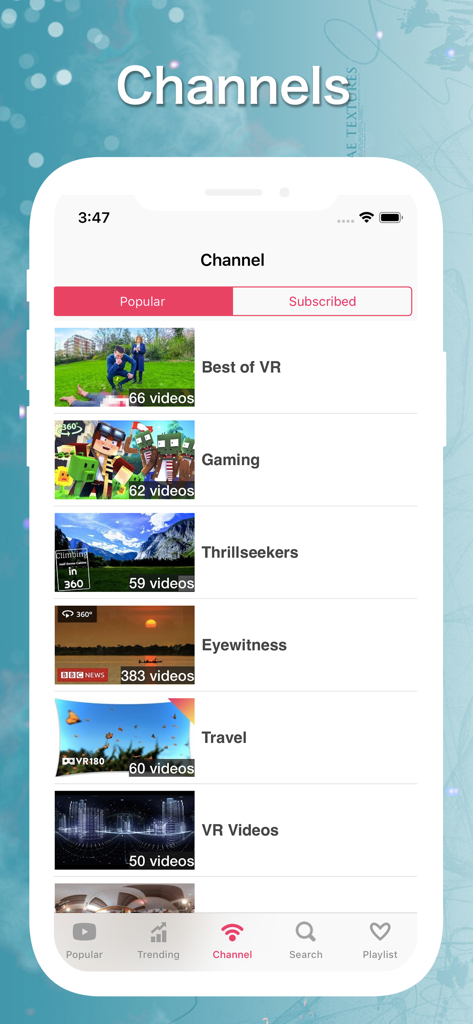 VR Tube: 360 & 3D Video - Interfaz de la aplicación VR Tube mostrando canales de video de 360 grados como Buscadores de Emociones y Viajes