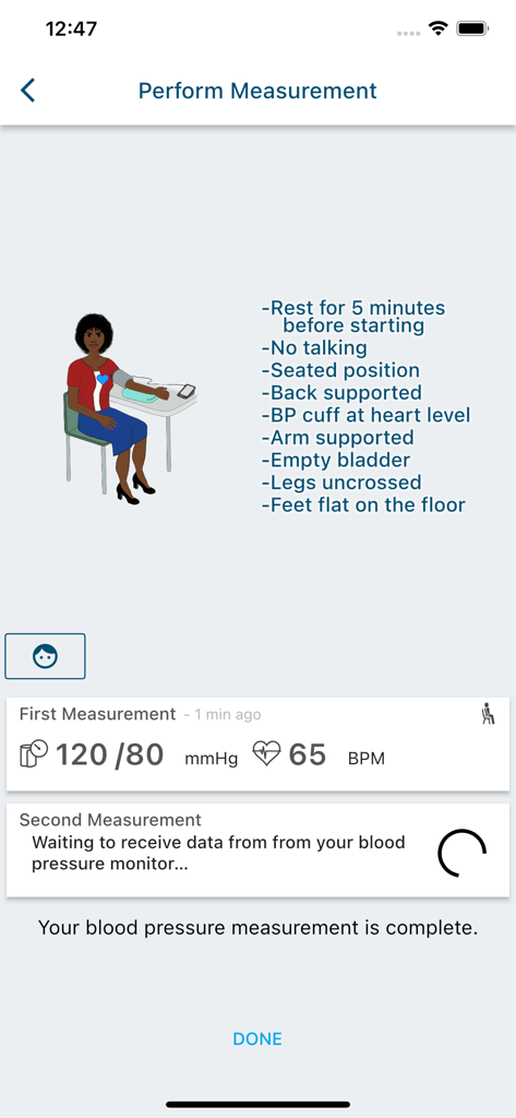 MediLink by BIOS - MediLink app screen showing blood pressure measurement instructions and a first reading result.