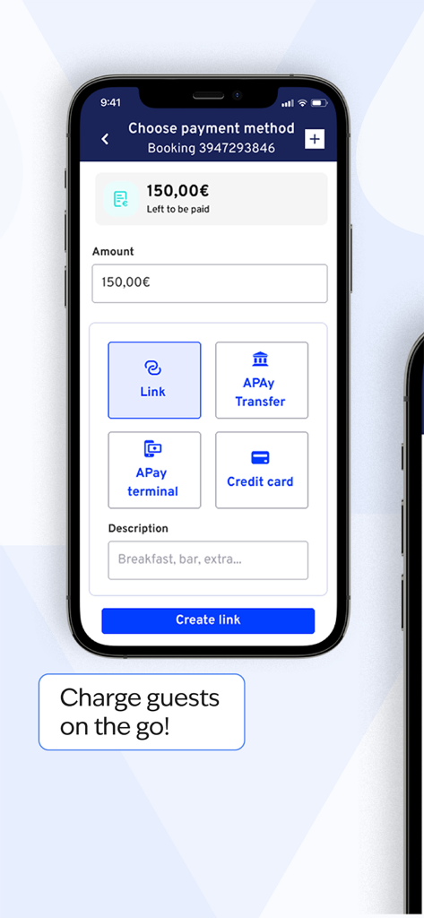 Interfaccia dell'app mobile Amenitiz per l'addebito agli ospiti con opzioni per link di pagamento, bonifico, terminale o carta di credito.