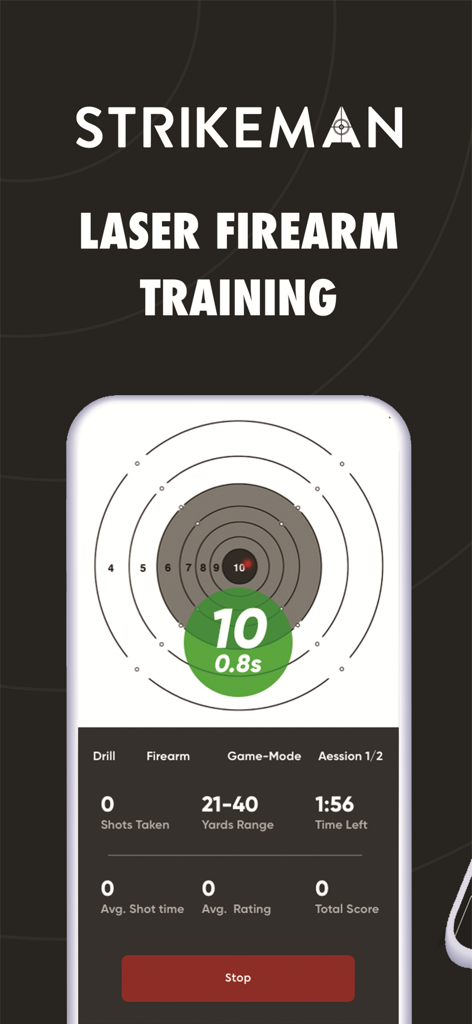 Strikeman - Strikeman app interface displaying a digital shooting target and training performance metrics