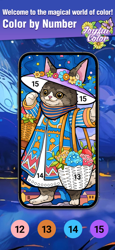 Joyful Color - A mobile phone screen showing a color by number game with a cute cat wearing a floral hat.