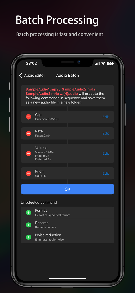 Audio Editor - Music editor - Mobile app interface showing batch processing tools for multiple audio files