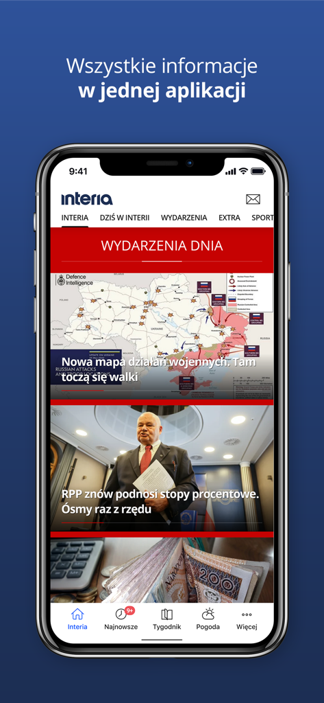 Interia - Interia App-Startseite mit polnischen Nachrichten-Schlagzeilen über aktuelle Ereignisse und Wirtschaft.