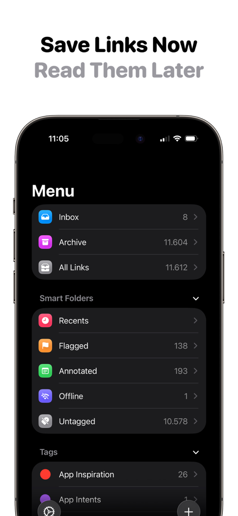Later | Save Links, Read Later - Main menu screen of the Later app displaying folders like Inbox and Archive on an iPhone.