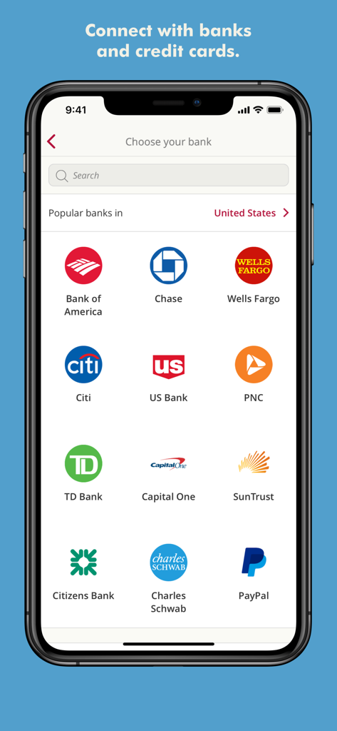 Toshl Finance - Best Budget - Toshl Finance app interface showing available US bank and credit card connections including Chase Bank of America and PayPal