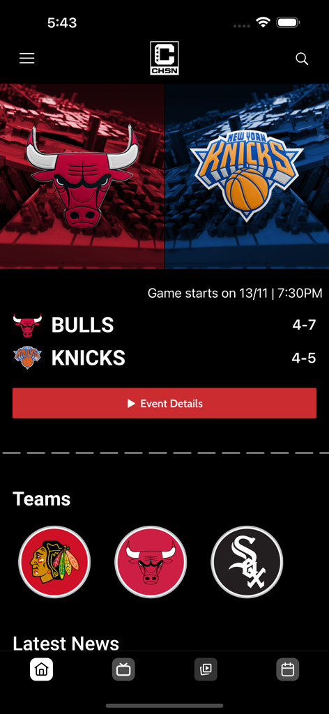 The CHSN app displaying a game preview for the Chicago Bulls versus New York Knicks along with local sports team icons.