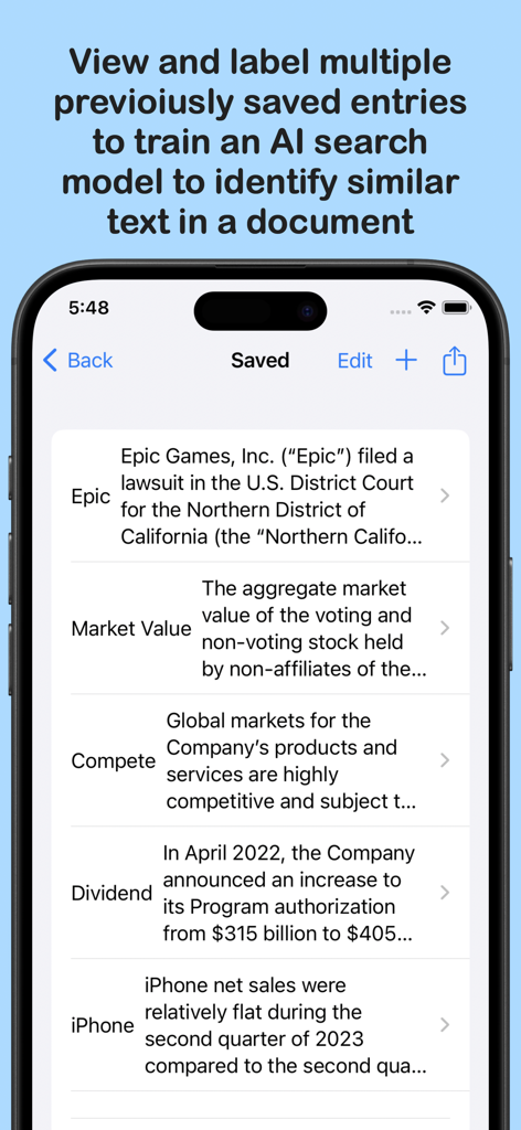 Pdf Text Search - 類似コンテンツの特定のためにAI検索モデルをトレーニングするために使用された保存されたテキストエントリを表示するインターフェース