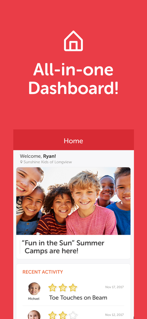 The iClassPro App - Pantalla de inicio de la aplicación iClassPro que muestra un panel todo en uno con anuncios de campamentos de verano y seguimiento del progreso de las habilidades de los estudiantes.