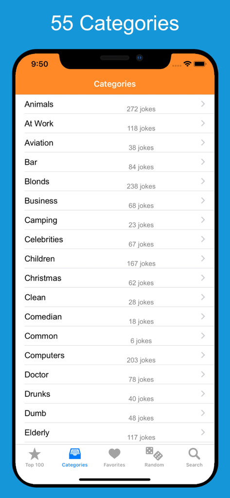Funny Jokes, Stories & Puns - Lista de categorías de chistes en la aplicación Funny Jokes que incluye Animales, En el Trabajo y Negocios.