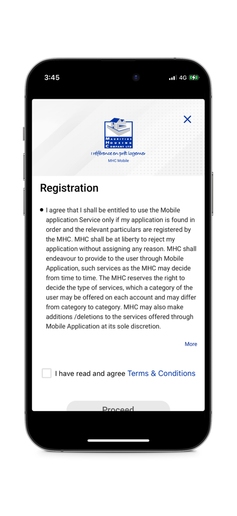 Écran d'enregistrement de l'application MHC Mobile affichant les conditions générales