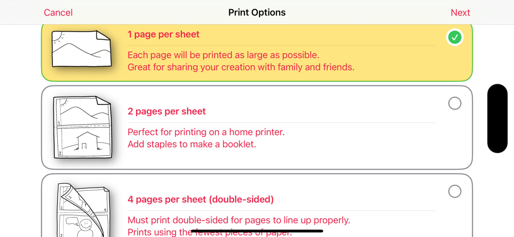 Book Builder: School Edition - Menú de opciones de impresión en la aplicación Book Builder que muestra diseños para una, dos o cuatro páginas por hoja.