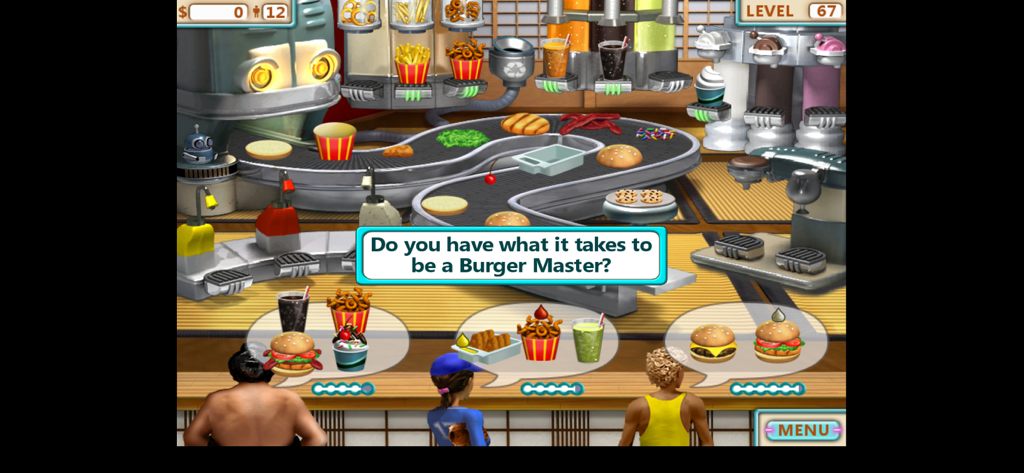 Burger Shop (No Ads) - Una captura de pantalla del juego de Burger Shop que muestra artículos de comida en una cinta transportadora y clientes esperando sus pedidos con una indicación del desafío Burger Master.