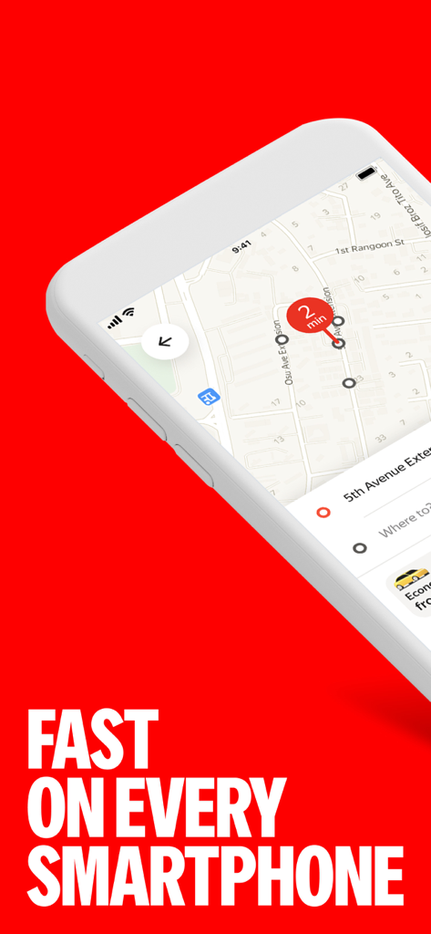 Un smartphone mostrando la interfaz de la aplicación Yango Lite con un mapa y la hora de llegada del viaje sobre un fondo rojo con el texto Rápido en cada smartphone.