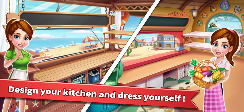Two female chefs in different outfits showcasing custom kitchen interiors and restaurant decoration styles.