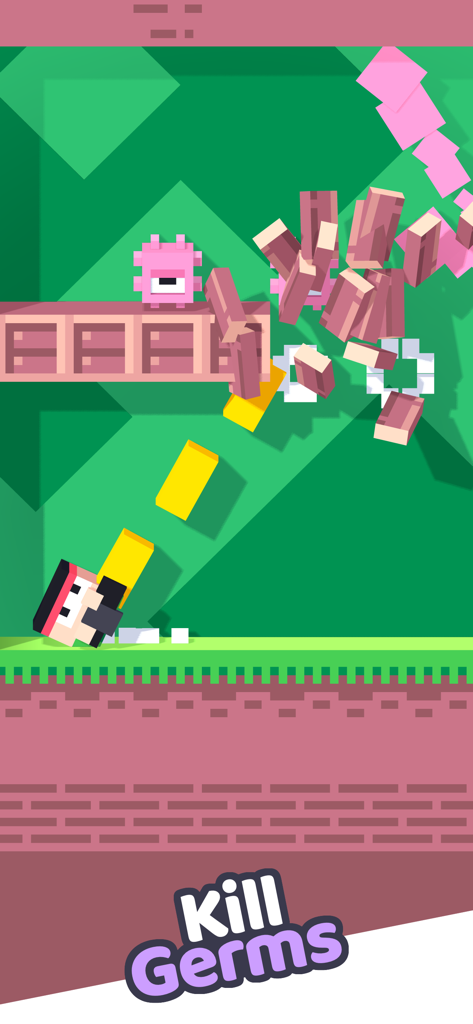 Un personaje de arte voxel destruyendo bloques en el minijuego Kill Germs de Fancade