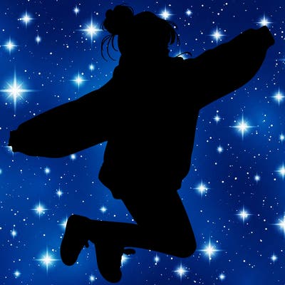 realistic girl jumping with a bun and oversized sweatshirt