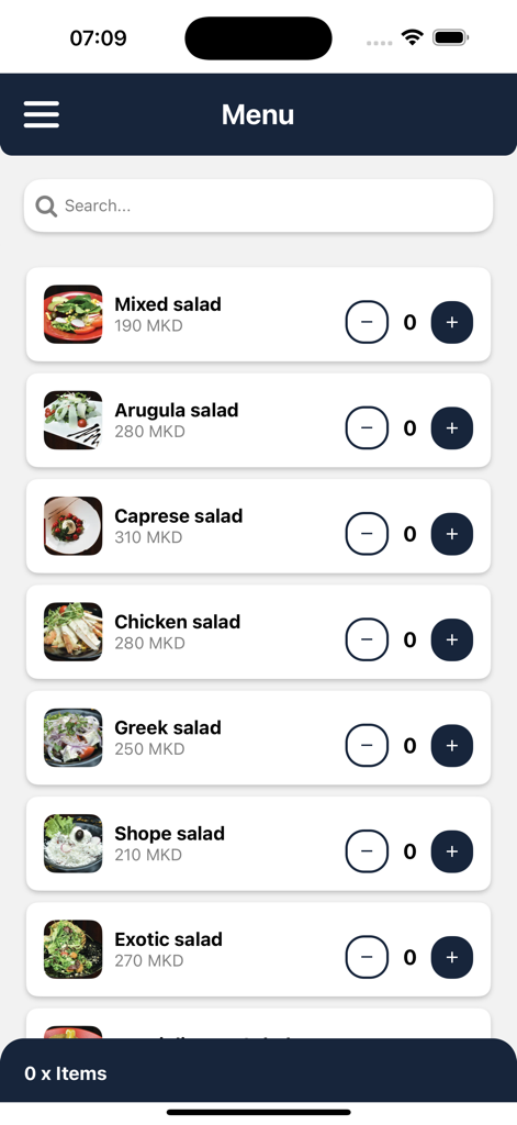 EasyOffer - Waiter App - Digitales Menü-Interface der EasyOffer-Kellner-App, das eine Liste von Salaten mit Preisen und Mengenauswahl anzeigt