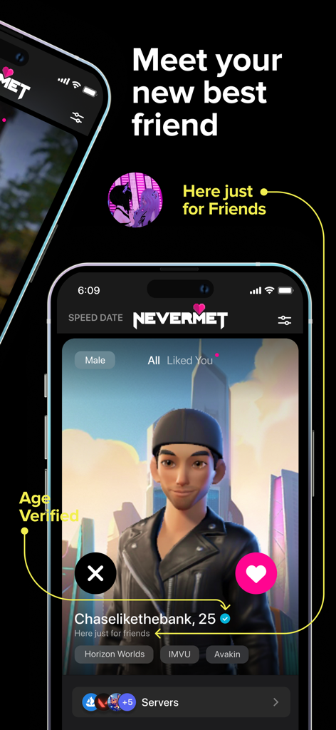 Nevermet - VR Dating Metaverse - Nevermet モバイルアプリのインターフェースに、メタバースデートコミュニティにおける検証済みアバタープロフィールが表示されている