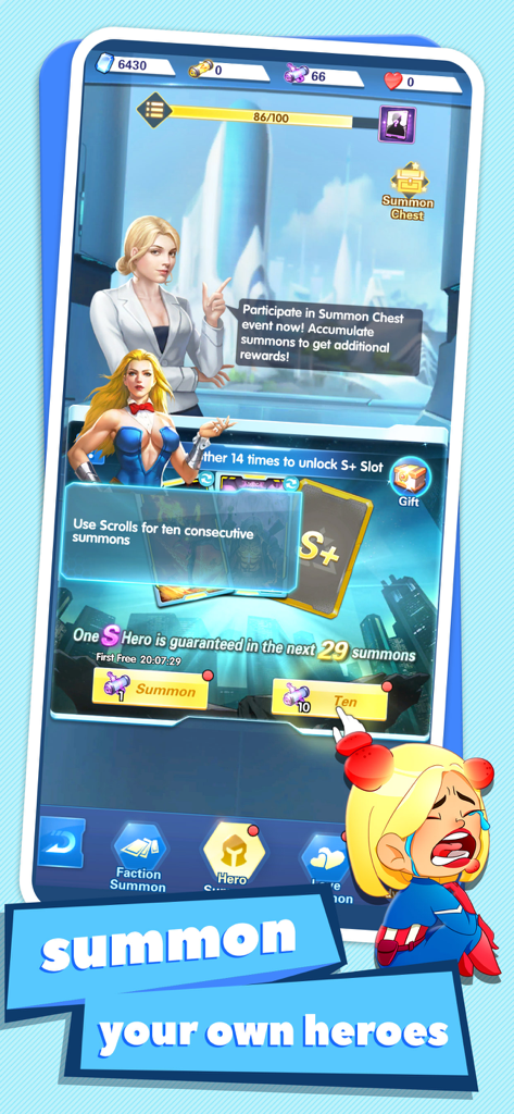 X-HERO mobile game interface showing the hero summon screen with character collection options.