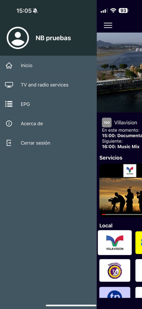 SAT TV+ - Sidebar navigation menu of the SAT TV plus app showing TV and radio services in Spanish