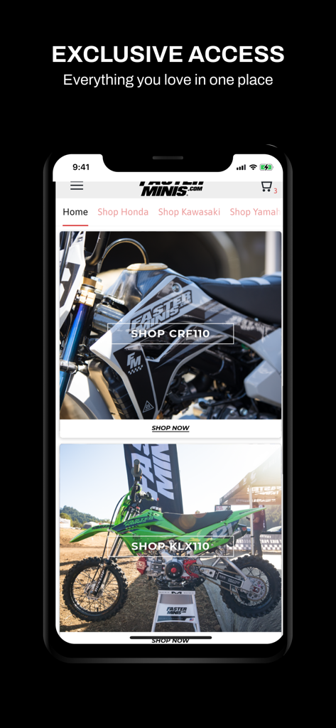 Faster-Minis - Faster-Minis mobile app home screen featuring shop categories for CRF110 and KLX110 pitbike parts